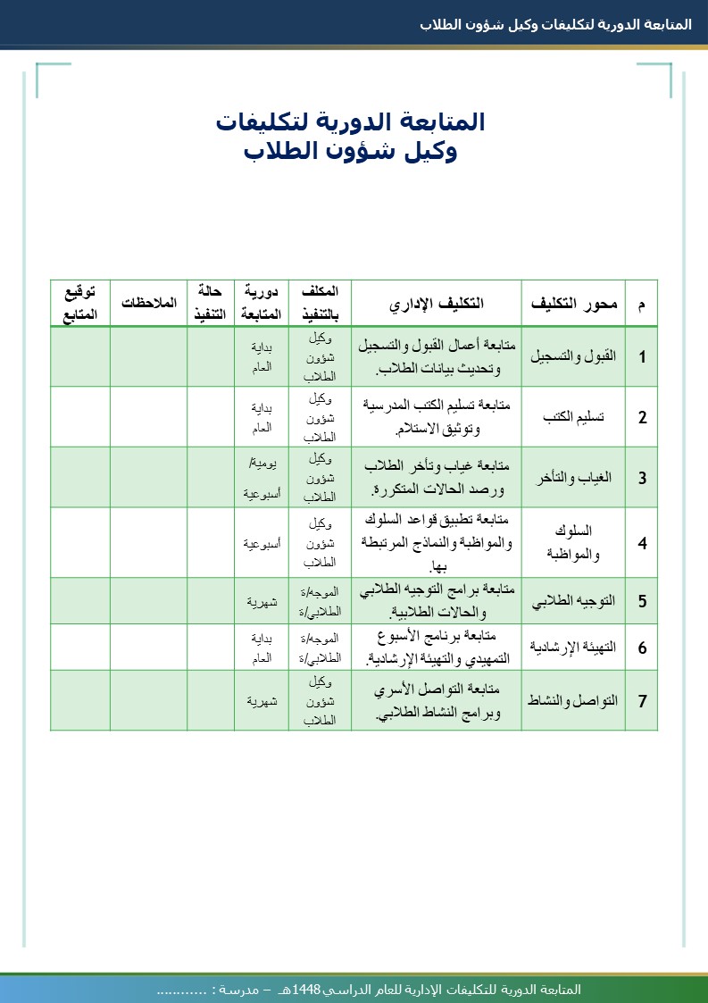 المتابعة الدورية للتكليفات الإدارية 1448هـ