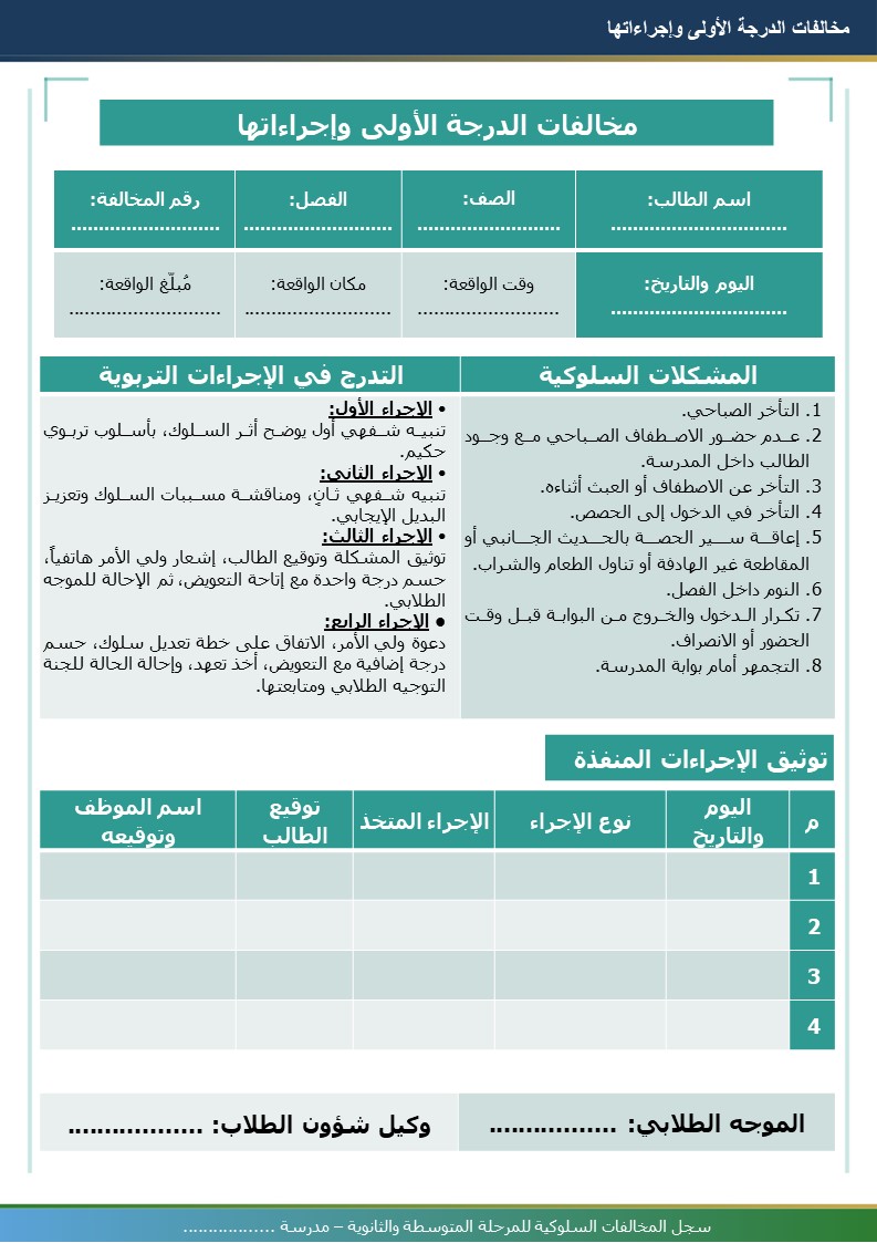 سجل المخالفات السلوكية للمرحلتين المتوسطة والثانوية 1448هـ