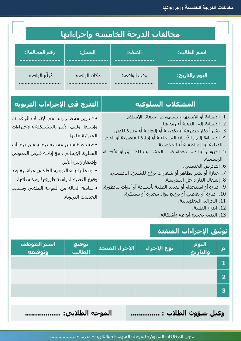 سجل المخالفات السلوكية للمرحلتين المتوسطة والثانوية 1448هـ