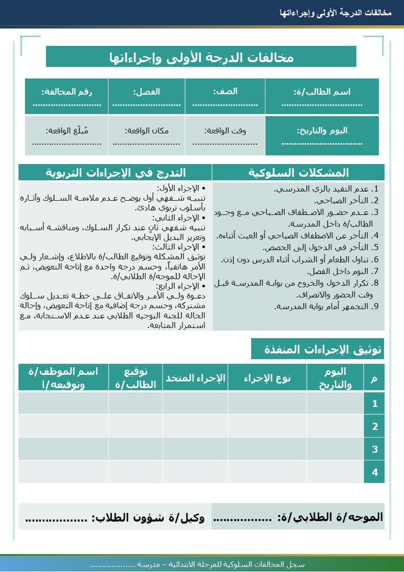 سجل المخالفات السلوكية للمرحلة الابتدائية 1448هـ