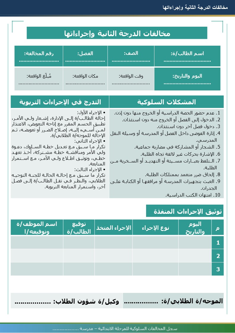 سجل المخالفات السلوكية للمرحلة الابتدائية 1448هـ