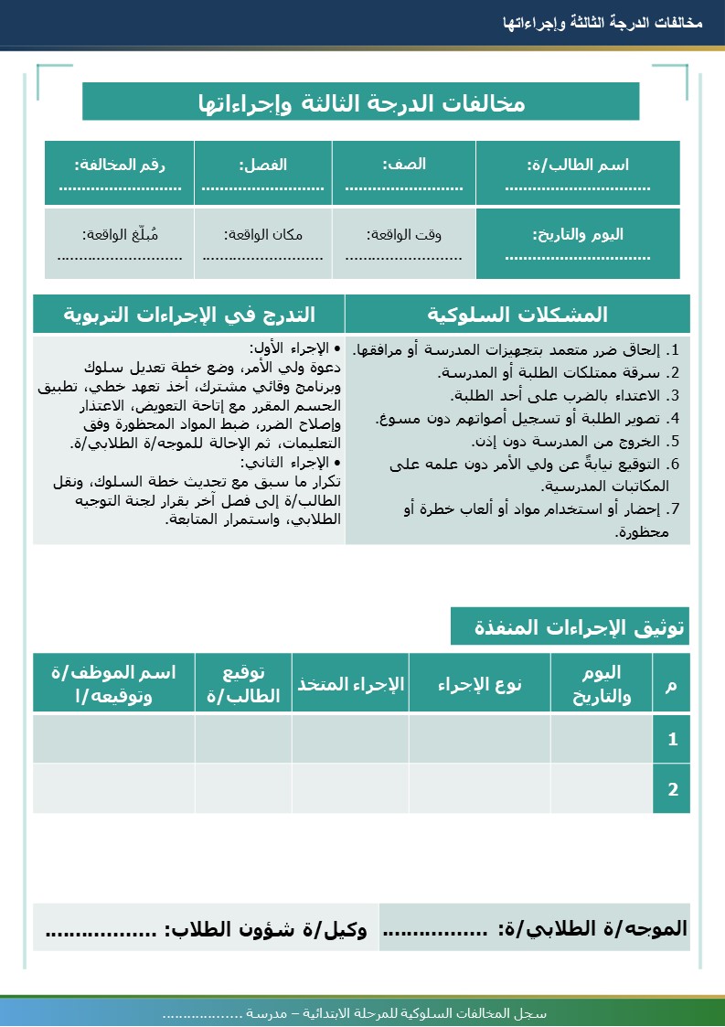 سجل المخالفات السلوكية للمرحلة الابتدائية 1448هـ