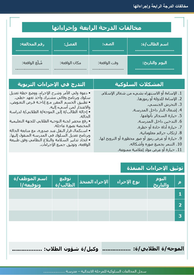 سجل المخالفات السلوكية للمرحلة الابتدائية 1448هـ