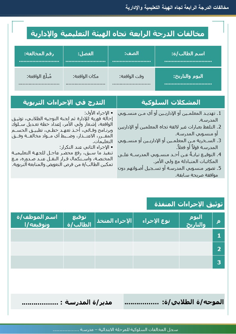 سجل المخالفات السلوكية للمرحلة الابتدائية 1448هـ