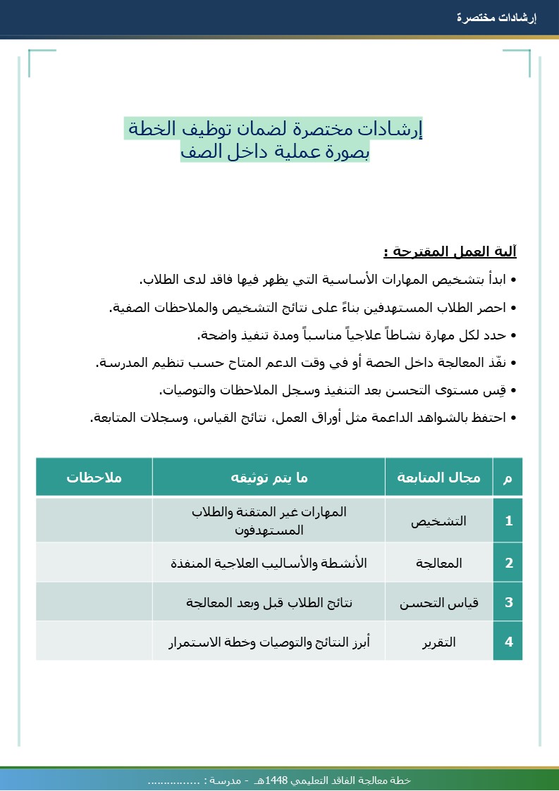 خطة معالجة الفاقد التعليمي 1448هـ