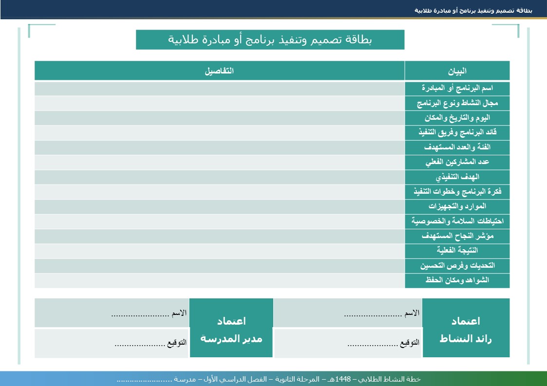 خطة النشاط الطلابي 1448هـ - المرحلة الثانوية - الفصل الدراسي الأول - نموذج 5