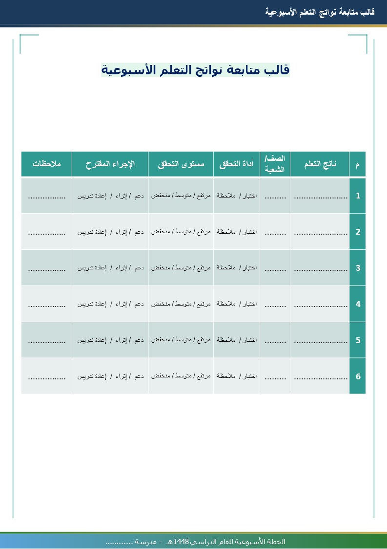 قالب الخطة الأسبوعية للمعلم 1448هـ